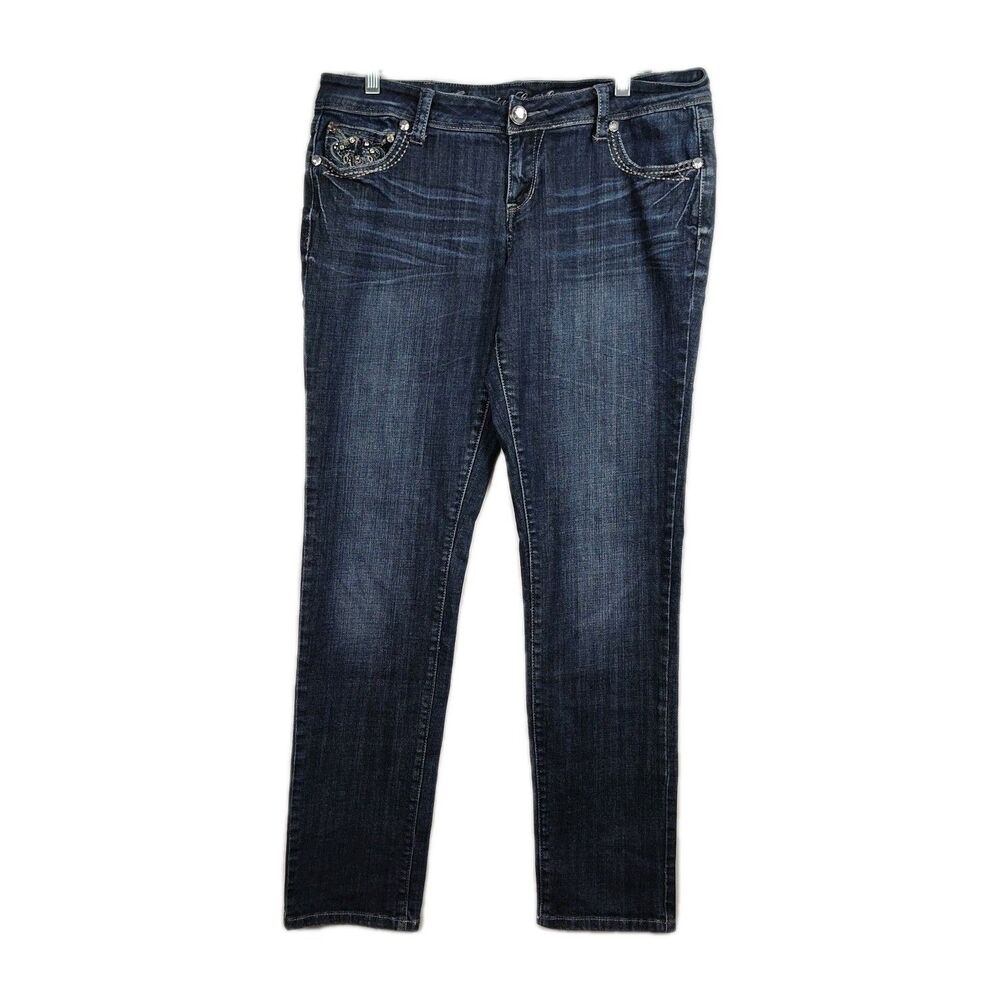 Grace in LA Jeans Women's Size 13 / 30 Blue Straight Leg Embroidered Rhinestones